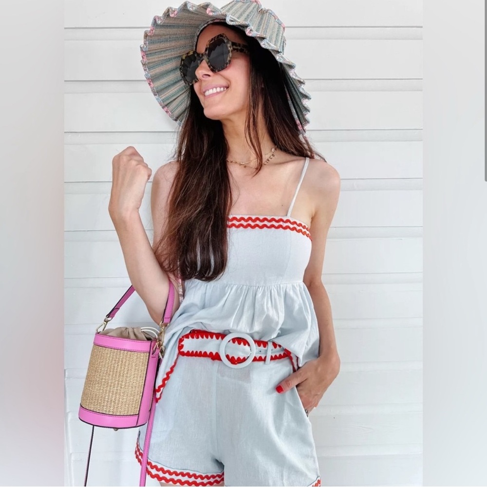 Mason’s Daughter Belted Shorts Sky Blue Linen w Orange details